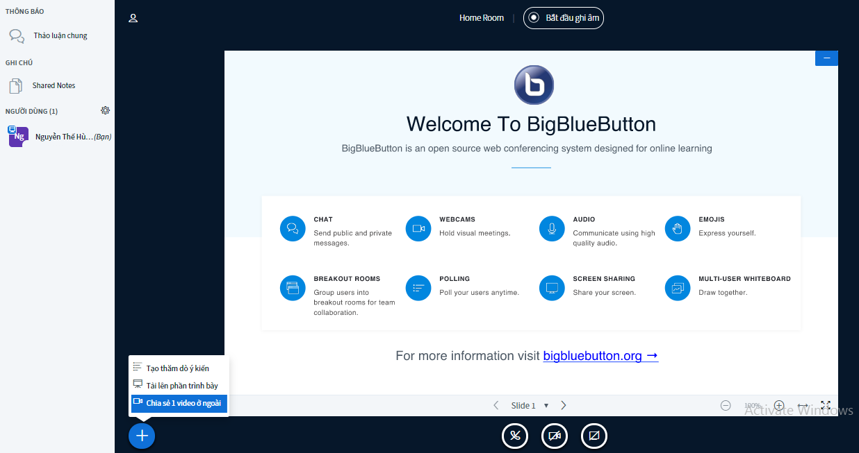 Hình 11: Ở giao diện phòng học, chọn chia sẻ video ở ngoài